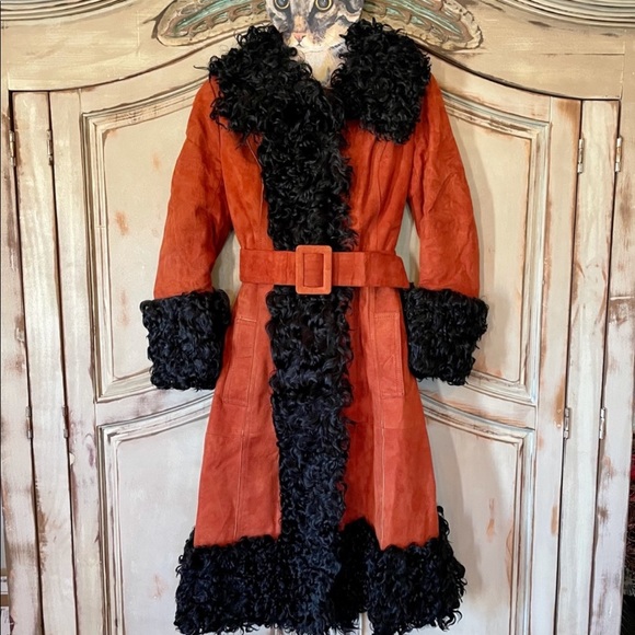 Vintage Red Suede Jacket with Black Curly Lamb Hair. Christmas Coat. - Picture 2 of 7